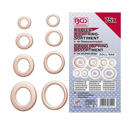 Assortiment koperen ringen INCH maten 75 delig