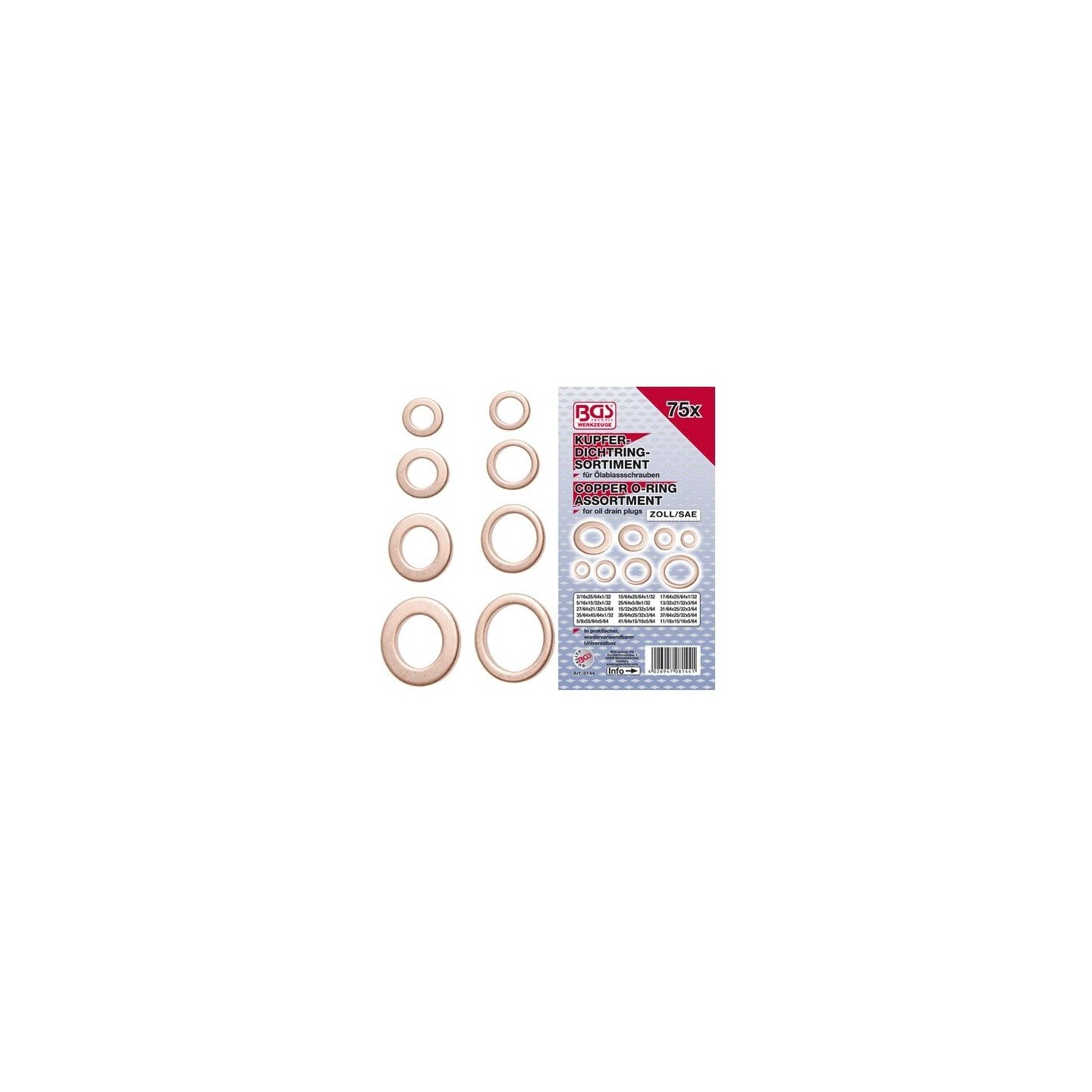 Assortiment koperen ringen INCH maten 75 delig