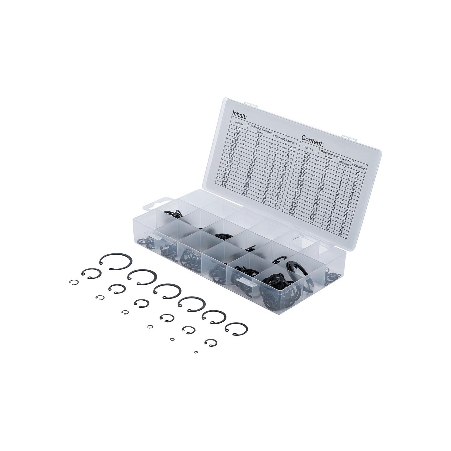 Assortiment borgring/circlip buiten/binnen metrisch 225 st.