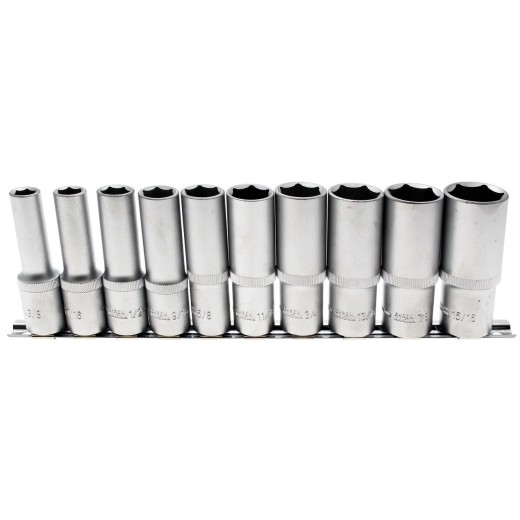 Doppenset 1/2" 10-delig LANGE UITVOERING INCH MATEN